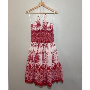 Women's Size L Raviya Surf Smocked Red Floral Halter Y2K Summer Mini Dress Vacay